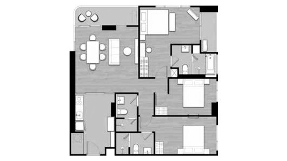 Apartment floor plan, 3 bedrooms in SO LAGOON CHERNGTALAY BY ORIGIN No. 11011 (2D)
